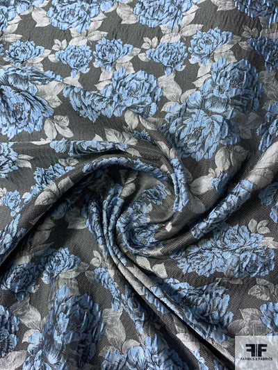 Slightly Textured Floral Brocade - Sky Blue / Grey / Black