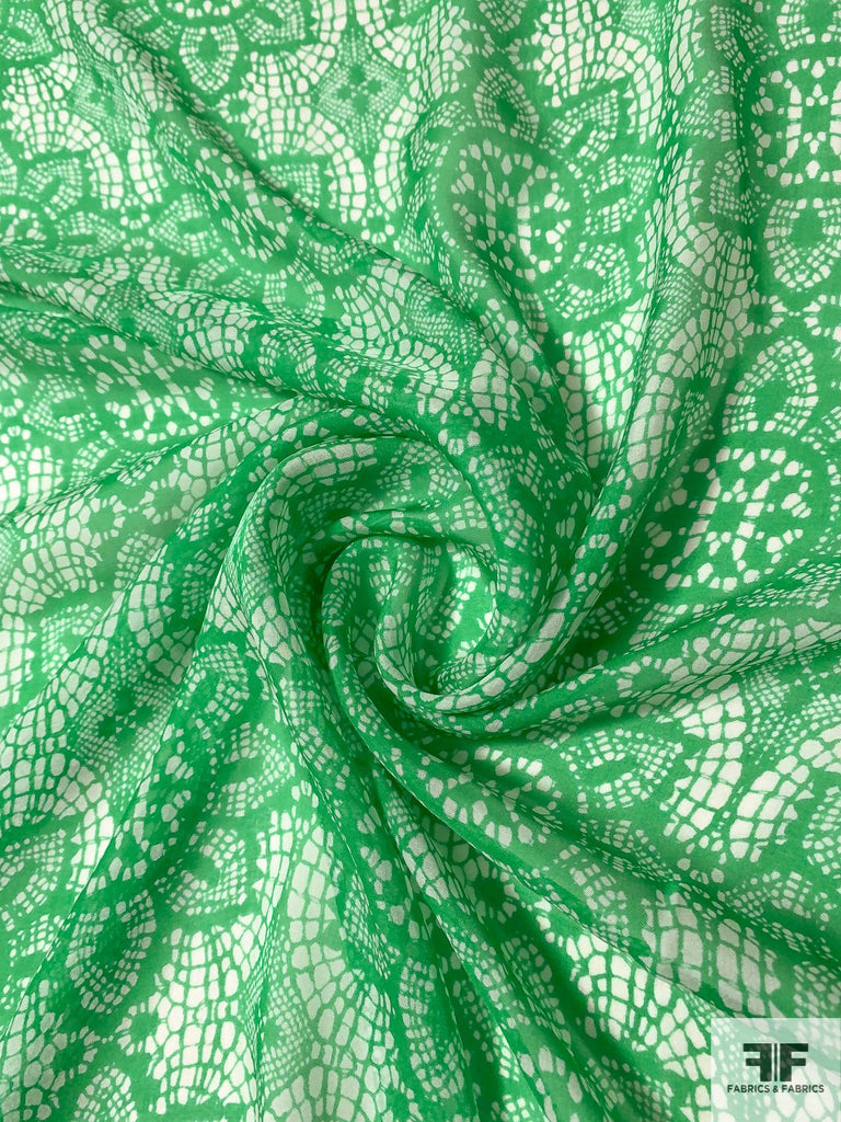 Ecclesiastical Floral Graphic Printed Silk Chiffon - Irish Green/Off ...
