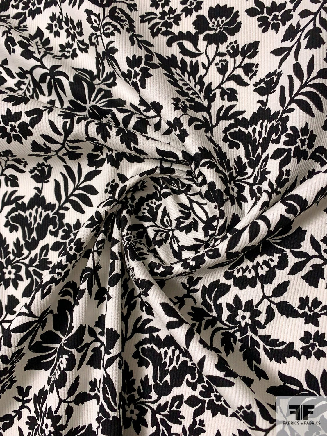 Intricate Floral Printed Stretch Bedford Cord Cotton - Black/Off-White ...