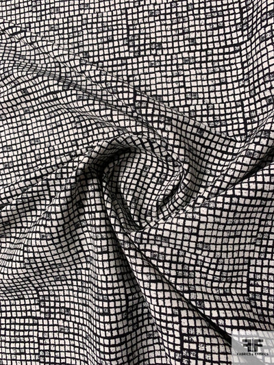 Italian Reversible Checkered Brocade with Vertical Stretch - Black / Ivory