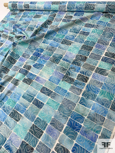 Italian Rectangles and Swirls Printed Brocade - Shades of Blues / White