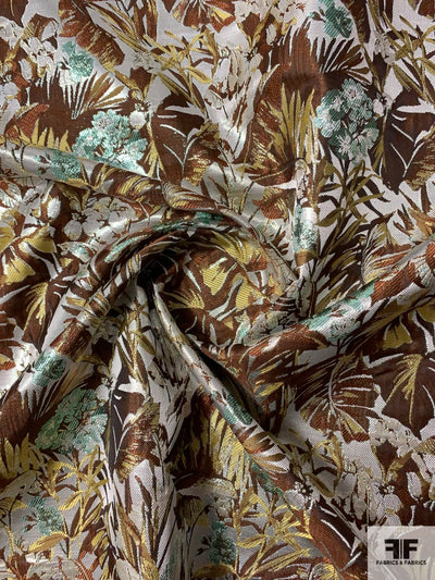 Italian Exotic Leaf Reversible Metallic Brocade - Silver / Browns / Metallic Seafoam