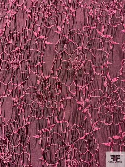 French Crinkle Textured Floral Stretch Brocade - Pink / Black