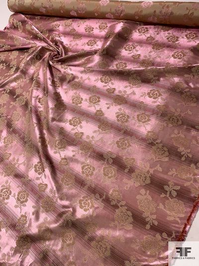 Italian Floral and Striped Silk Blend Brocade - Pink / Wine / Tan