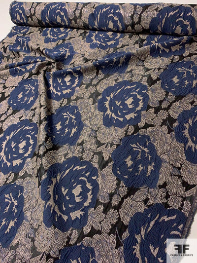 Floral Slightly Textured Brocade - Navy / Stone / Black