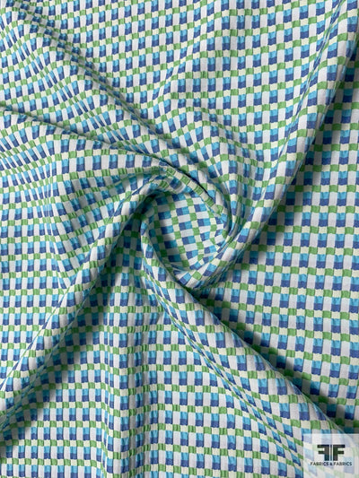 Italian Textured Seersucker Grid Stretch Brocade - Blue / Green / Off-White