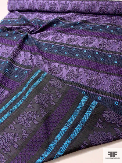 Italian Linear Design and Floral Reversible Brocade - Purple / Black / Turquoise