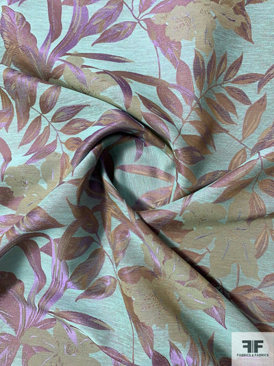 Leaf and Floral Reversible Brocade - Seafoam Green / Purple / Dusty Tan