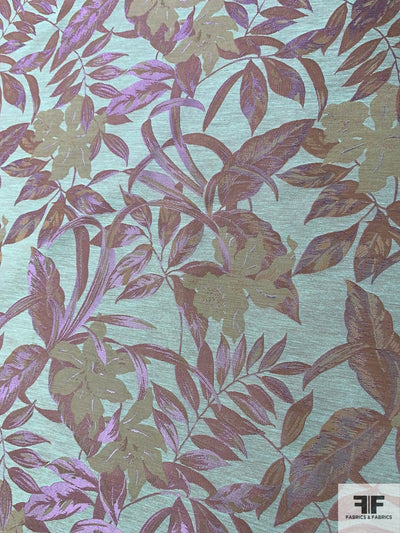 Leaf and Floral Reversible Brocade - Seafoam Green / Purple / Dusty Tan