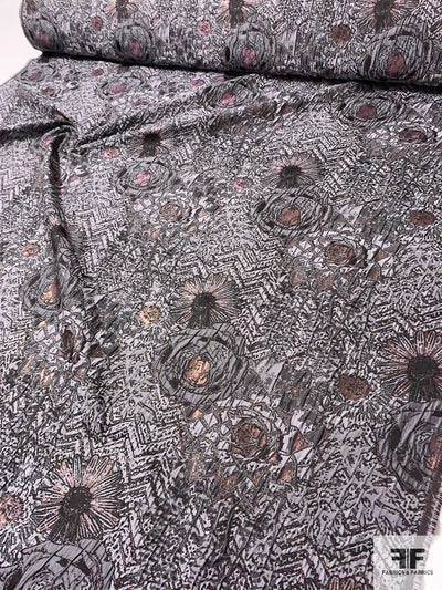 Abstract Floral Chevron Textured Metallic Brocade - Grey / Black / Metallic Orchid