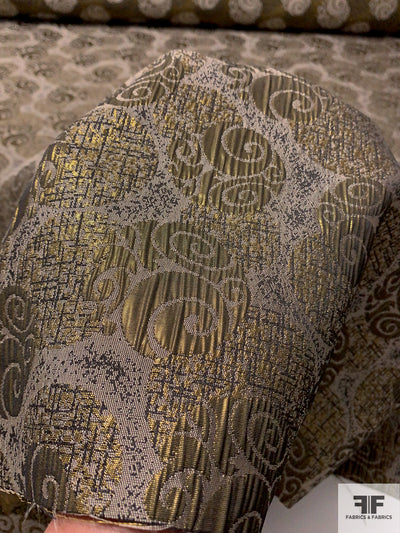 Ornate Circle Slightly Textured Metallic Brocade - Dirty Gold / Black / Bone