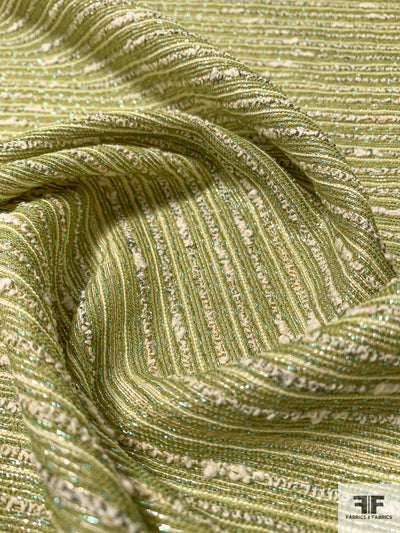 Italian Knub Striped Tweed-Look Metallic Brocade - Lime Green / Cream