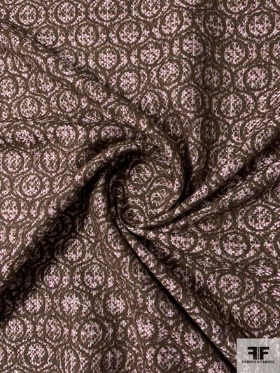 Italian Art Deco Circular Pattern Wool Blend Tweed Brocade - Brown / Orchid / Cream