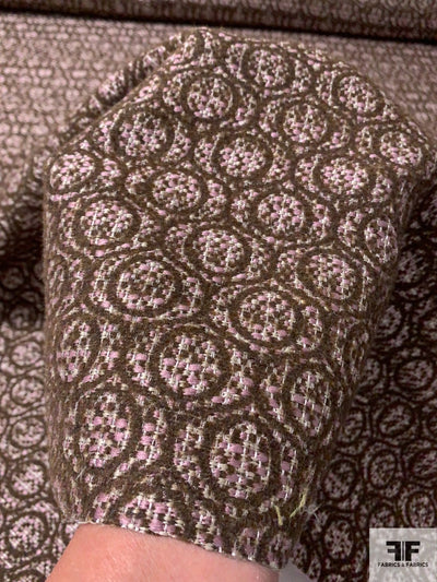 Italian Art Deco Circular Pattern Wool Blend Tweed Brocade - Brown / Orchid / Cream