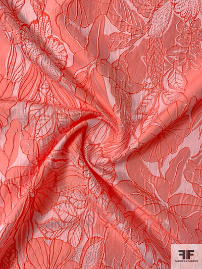 Floral Textured Brocade - Hot Orange-Coral / Light Pink