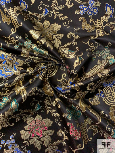 Italian Oriental Floral Silk Blend Metallic Brocade - Gold / Royal Blue / Raspberry / Black