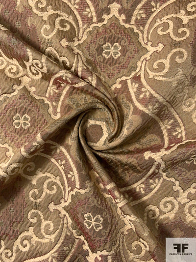 Italian Reversible Damask-Like Upholstery and Jacket Weight Brocade with Chenille Finish - Khaki / Cream / Maroon