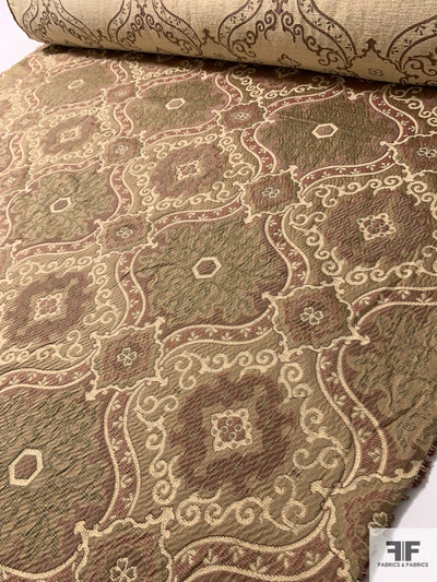 Italian Reversible Damask-Like Upholstery and Jacket Weight Brocade with Chenille Finish - Khaki / Cream / Maroon