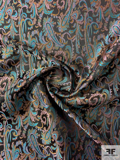 Paisley Vines Satin Jacquard Brocade - Turquoise / Orchid / Turmeric / Black