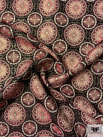 Italian Floral Medallion Metallic Brocade - Gold / Maroon / Raspberry / Black