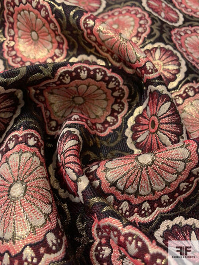 Italian Floral Medallion Metallic Brocade - Gold / Maroon / Raspberry / Black