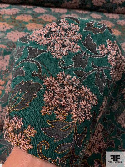 Italian Regal Floral Brocade with Lurex Fibers - Evergreen / Light Pink/ Black / Copper