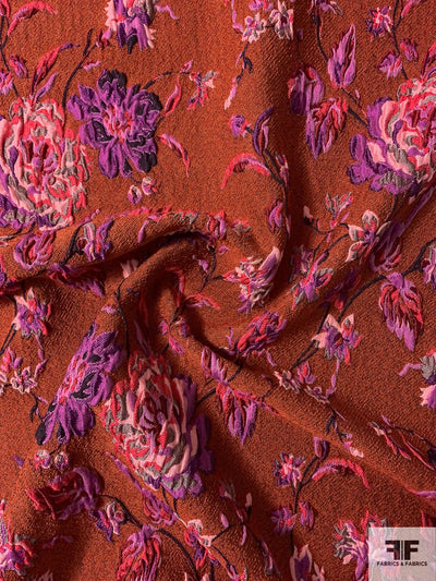 Italian Textured Floral Brocade with Slight Stretch - Burnt Orange / Orchid / Light Pink