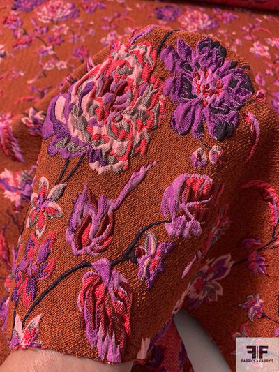 Italian Textured Floral Brocade with Slight Stretch - Burnt Orange / Orchid / Light Pink