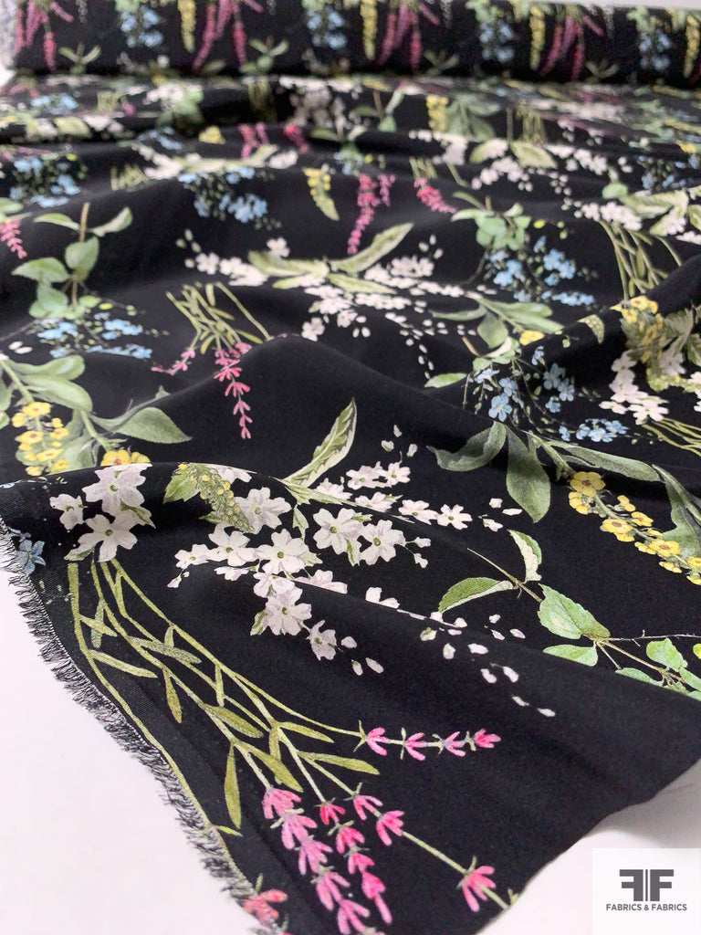 Floral Shrubs Matte-Side Printed Silk Charmeuse - Black/Leafy Greens ...