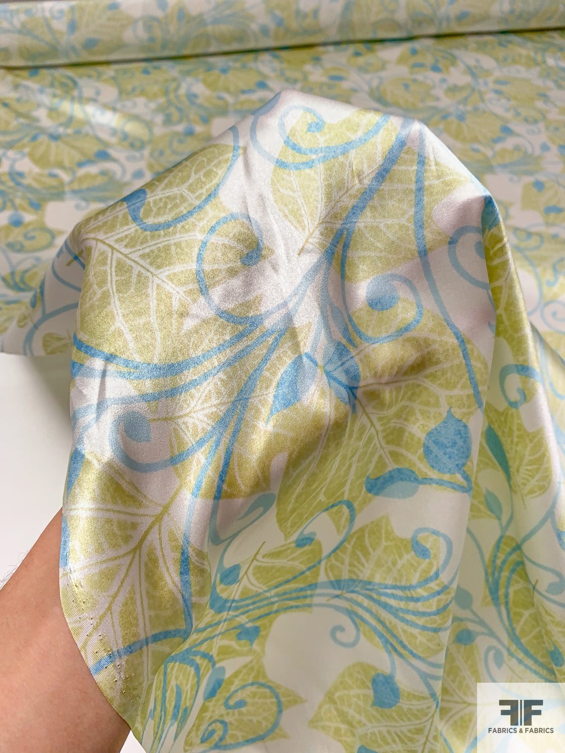 Regal Vines and Leaf Printed Silk Charmeuse - Lime Green/Sky Blue/Off ...