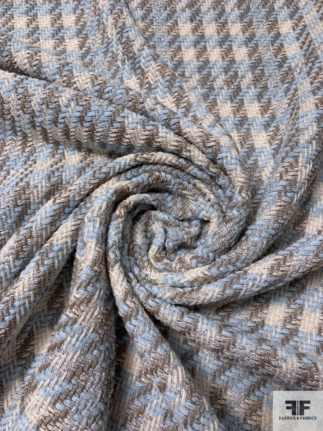 Italian Chanel-Look Tweed Suiting with Lurex Fibers - Baby Blue/Grey/Off-White | FABRICS & FABRICS – & Fabrics