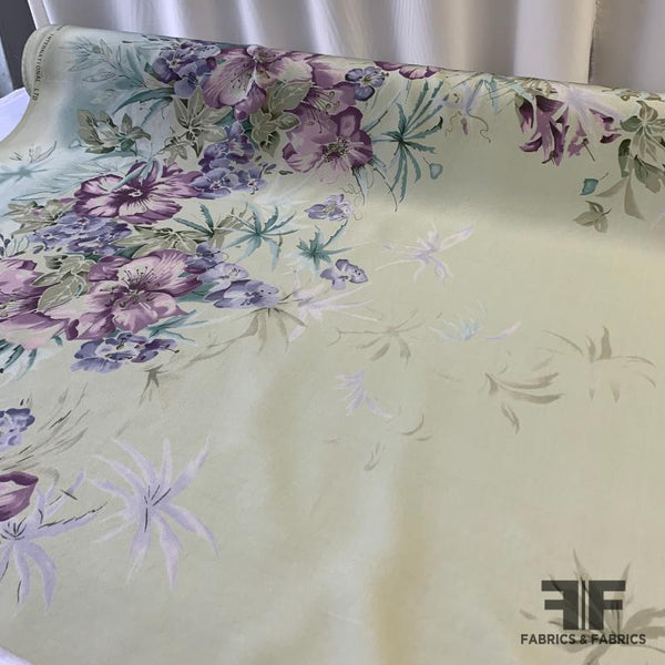 Floral Border Printed Silk Crepe de Chine - Pale Blue/Green/Purple ...