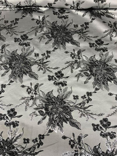 Italian Floral Textured Metallic Brocade - Grey / Silver / Black