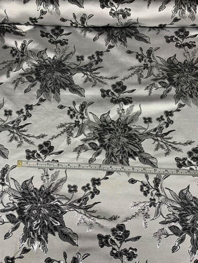 Italian Floral Textured Metallic Brocade - Grey / Silver / Black