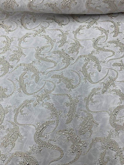 Lizards Textured Metallic Brocade with Fused Back - White / Ivory / Silver