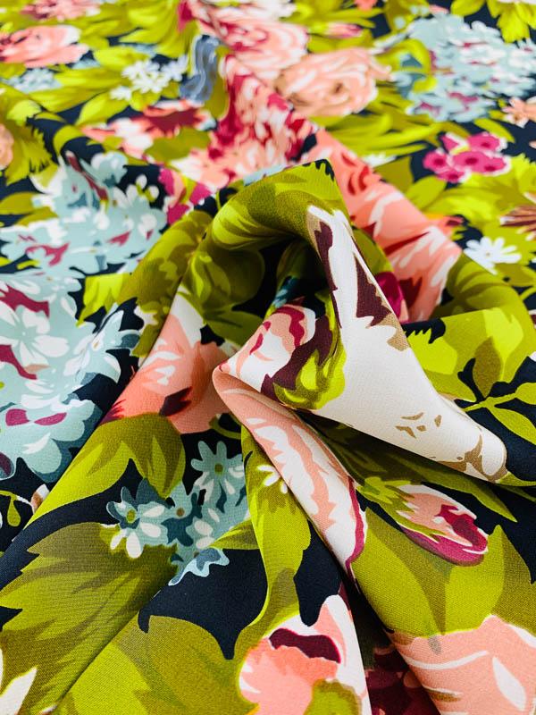 Floral Printed Silk Crepe de Chine - Green/Light Mauve/Grey-Teal ...