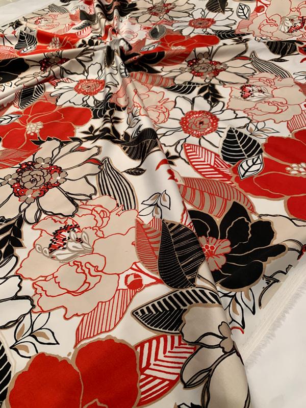 Bold Flowers and Leaves Printed Stretch Cotton Sateen - Red/Black/Beige ...