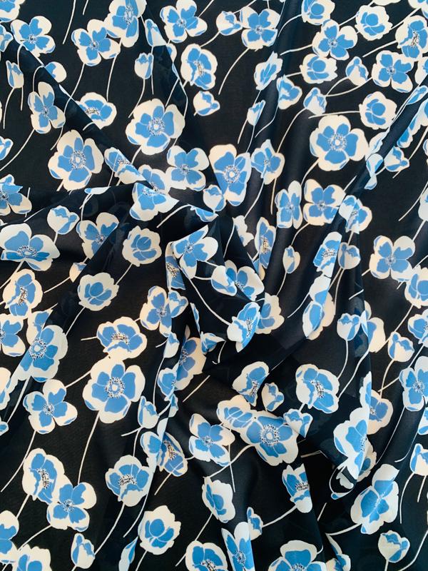 Flowers in the Wind Printed Stretch Silk Chiffon - Blue/White/Navy ...