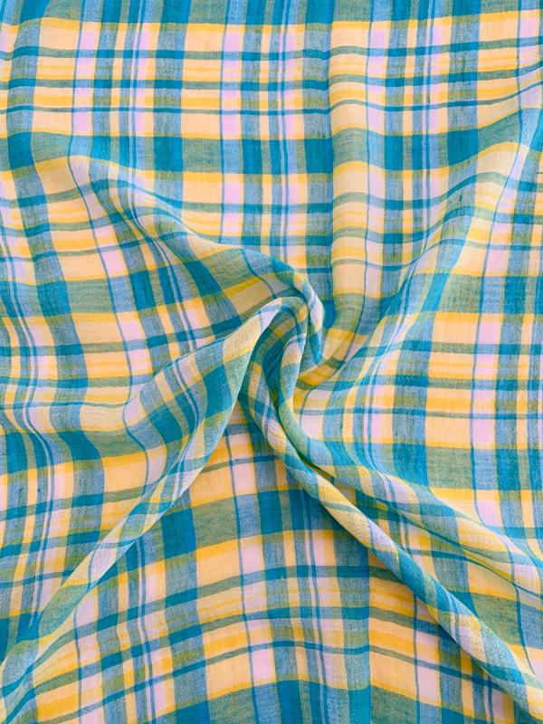 Plaid Yarn-Dyed Cotton Gauze - Turquoise/Yellow/White | FABRICS ...