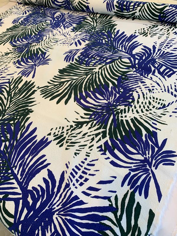 Large Tropical Leaf Printed Stretch Cotton Pique - Spruce Green/Royal ...