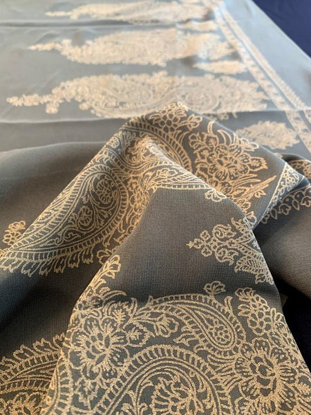Paisley Gold-Foil Printed Marrakesh Border Pattern Silk Chiffon - Olive ...
