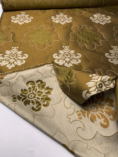 Double-Sided Large Scale Regal Damask-Like Silk Brocade - Olive Green / Sand