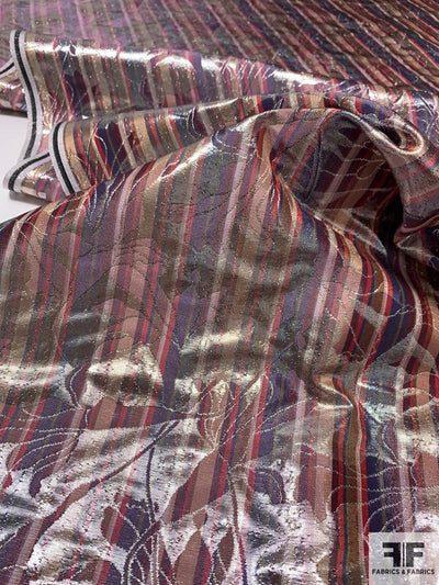 Made in Switzerland Double-Layered Striped and Floral Jacquard Brocade Lamé - Pinks / Purples / Silver