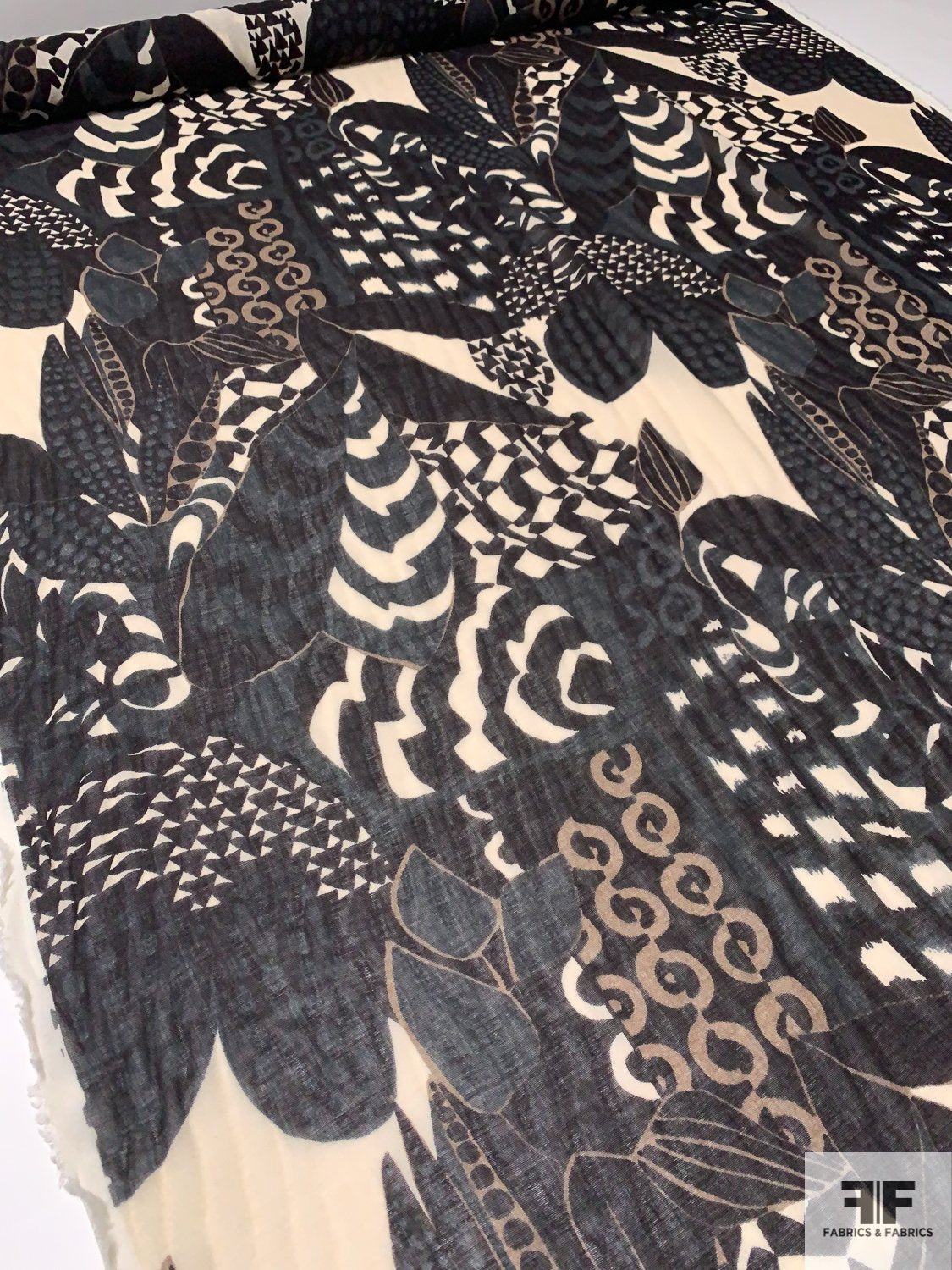 Italian Abstract Leaf Collage Printed Wool Rayon Challis - Teal/Black ...