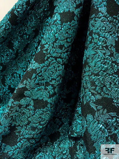 Made in France Cloque Floral Metallic Brocade - Icy Teal / Black