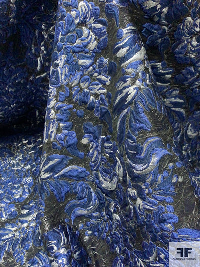 Pamella Roland Italian Regal Design Textured Metallic Brocade - Navy / Silver / Black