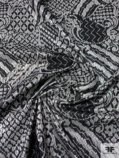 Italian Abstract Textured Silk Poly Lurex Novelty Brocade - Black / Silver