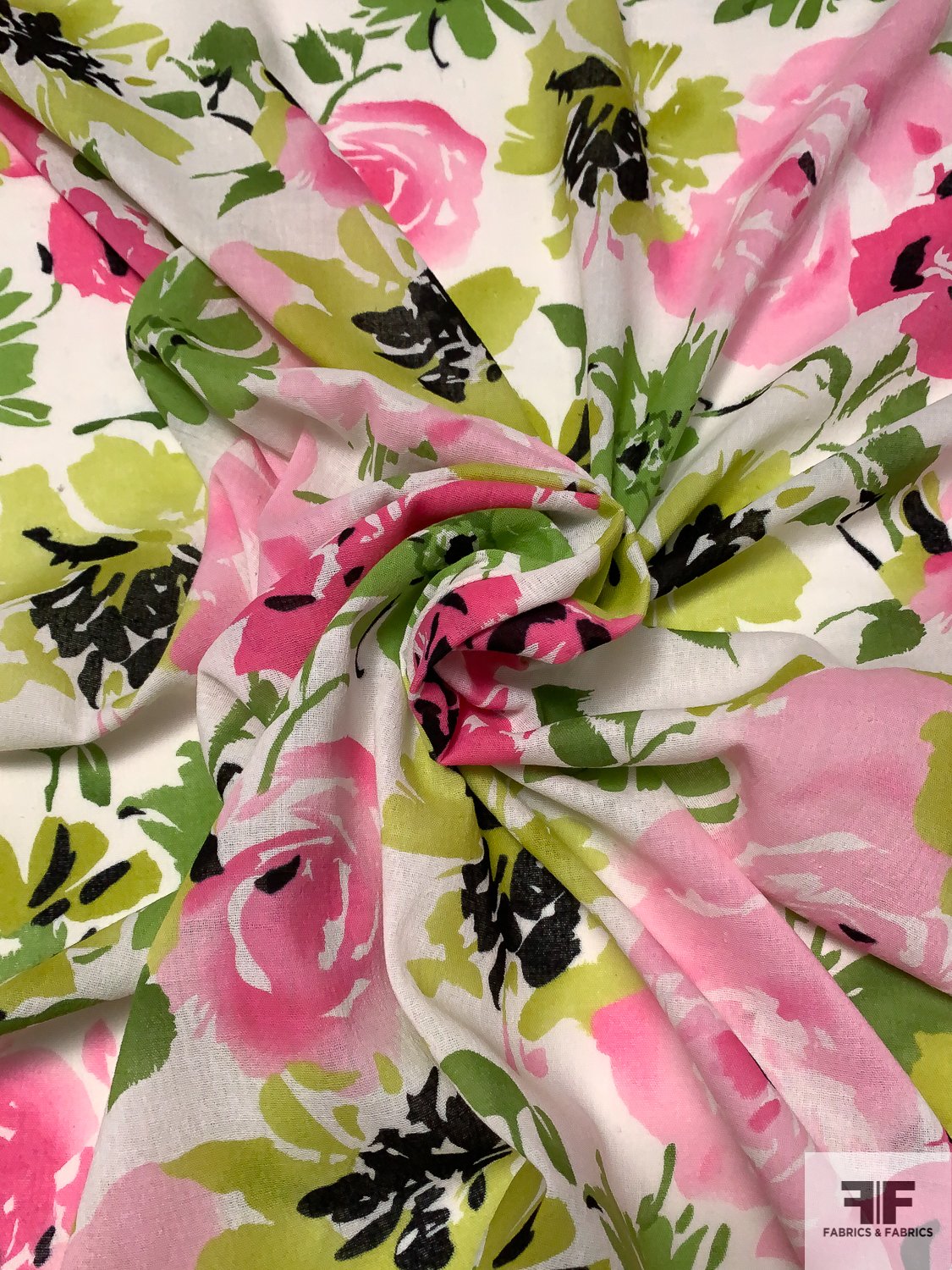 Watercolor Floral Printed Cotton Gauze - Green/Chartreuse/Pink/White ...