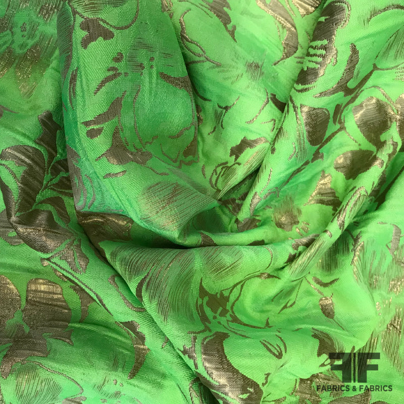 Gold/Neon Green Floral Metallic Brocade - Fabrics & Fabrics