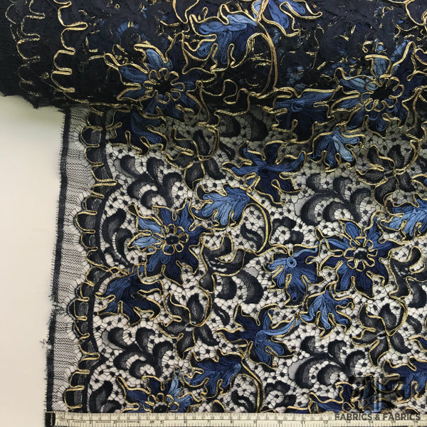 Navy/Gold Textured Floral Embroidered Lace - Fabrics & Fabrics